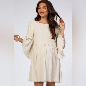 Beige Raw Edge Bell Sleeve Babydoll Maternity Dress- pink blush maternity